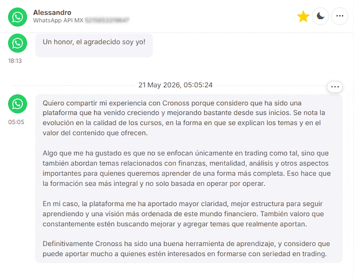 Testimonio WhatsApp de Alessandro sobre Cronoss