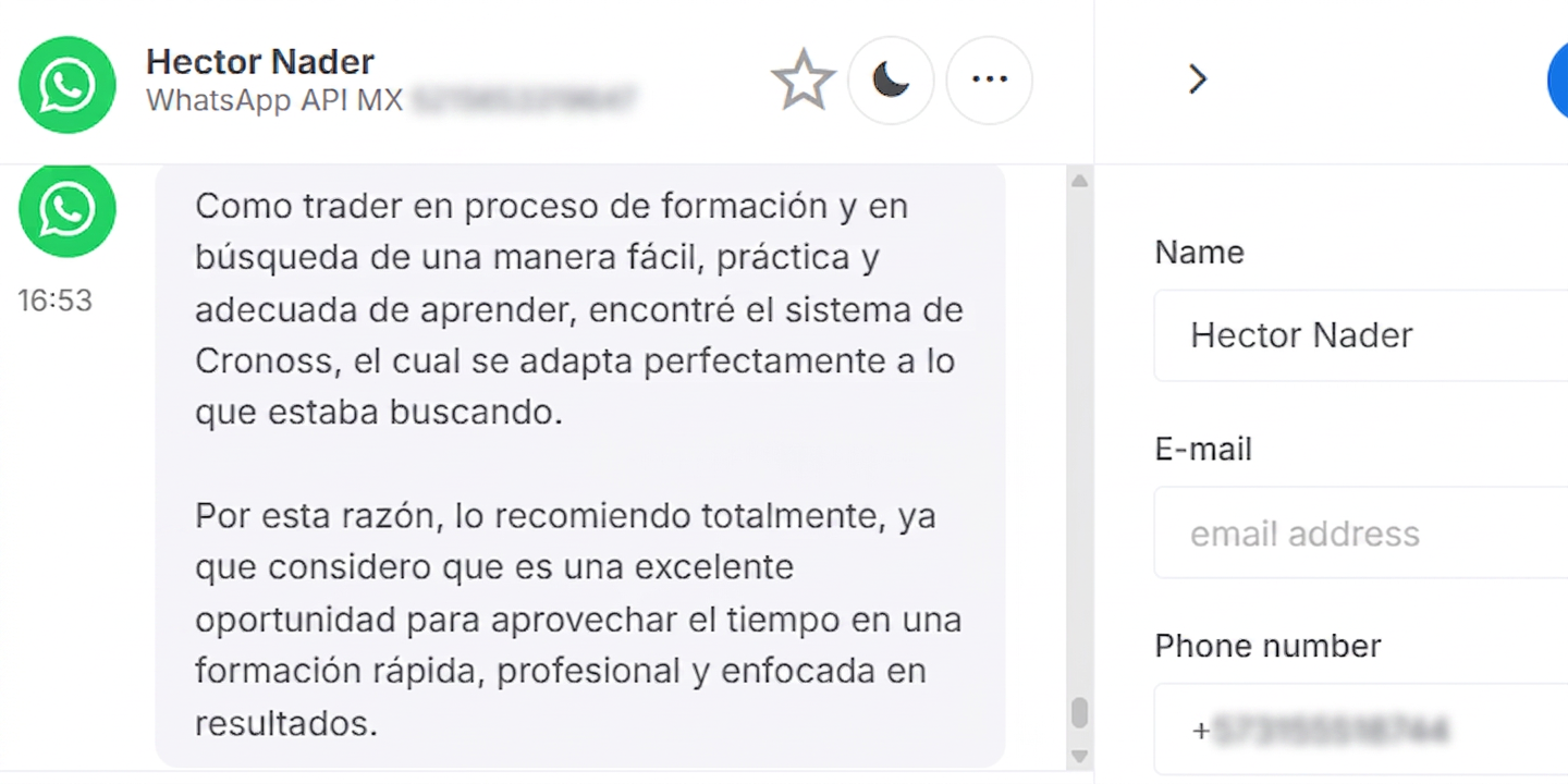 Testimonio WhatsApp de Hector Nader sobre Cronoss